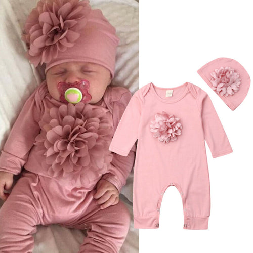 Newborn Clothes Baby Girls Long Sleeve Baby Rompers Pink Floral Jumpsuit Baby Bodysuit Toddler Hat Baby Girls Sets Clothing 2019