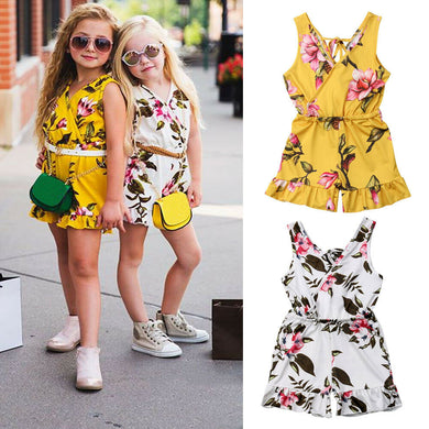 Cute Baby Kids Girls 1-6Y Floral Sleeveless Romper V Neck Ruffles Jumpsuit Outfits Clothes 2 Colors Boho Holiday Clothes