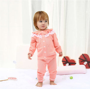 2018 Newborn Girls Cardigan Pant Clothing Sets Baby Kids Clothes Cotton Sweater Full Sleeve Lace Knitted Sweaters Coat+Trousers