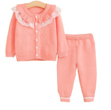 Load image into Gallery viewer, 2018 Newborn Girls Cardigan Pant Clothing Sets Baby Kids Clothes Cotton Sweater Full Sleeve Lace Knitted Sweaters Coat+Trousers