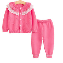 Load image into Gallery viewer, 2018 Newborn Girls Cardigan Pant Clothing Sets Baby Kids Clothes Cotton Sweater Full Sleeve Lace Knitted Sweaters Coat+Trousers