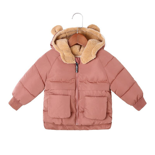 New Kids Winter Clothes Boys Girls Bear Hooded Warm Plus Velvet Down Jackt Baby Cotton Thicken Outerwear Snowsuit Child Clothes
