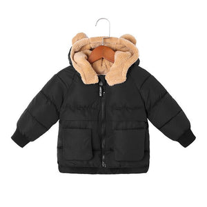 New Kids Winter Clothes Boys Girls Bear Hooded Warm Plus Velvet Down Jackt Baby Cotton Thicken Outerwear Snowsuit Child Clothes