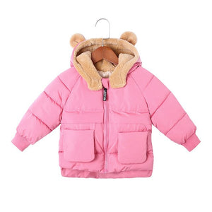 New Kids Winter Clothes Boys Girls Bear Hooded Warm Plus Velvet Down Jackt Baby Cotton Thicken Outerwear Snowsuit Child Clothes