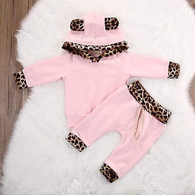 2pcs Spring Autumn suit Newborn baby girl clothing sets Baby Girls Pink Long Sleeve leopard Hoodie Sweatshirt+Pants Outfits Set