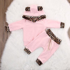 2pcs Spring Autumn suit Newborn baby girl clothing sets Baby Girls Pink Long Sleeve leopard Hoodie Sweatshirt+Pants Outfits Set